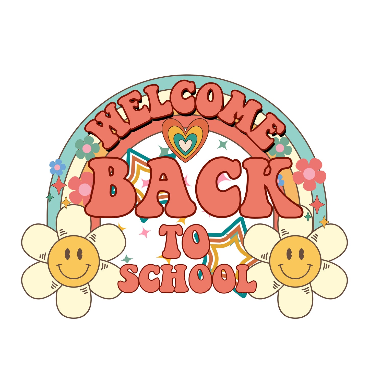 Welcome back to school retro rainbow smiley flowers T-shirt, pre-k teachers, kindergarten teachers, elementary teachers