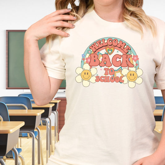 Welcome back to school retro rainbow smiley flowers T-shirt, pre-k teachers, kindergarten teachers, elementary teachers