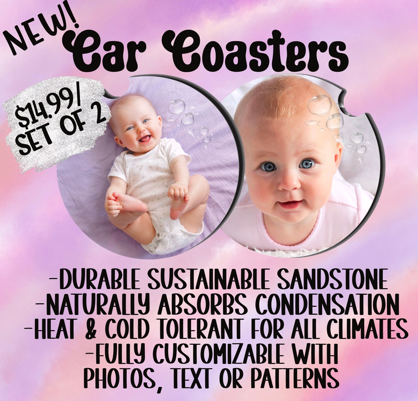 Customizable Natural absorbent sandstone car coasters- set of 2- personalize with photos, text, patterns