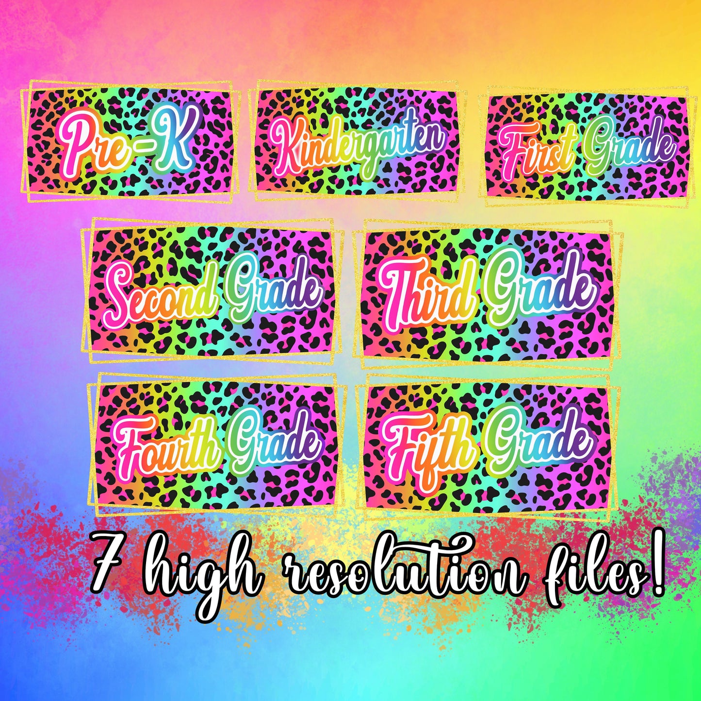 Back To School Lisa Frank inspired 7 PNG Bundle grade level Kindergarten 1st grade rainbow leopard Teacher Sublimation 90s inspired