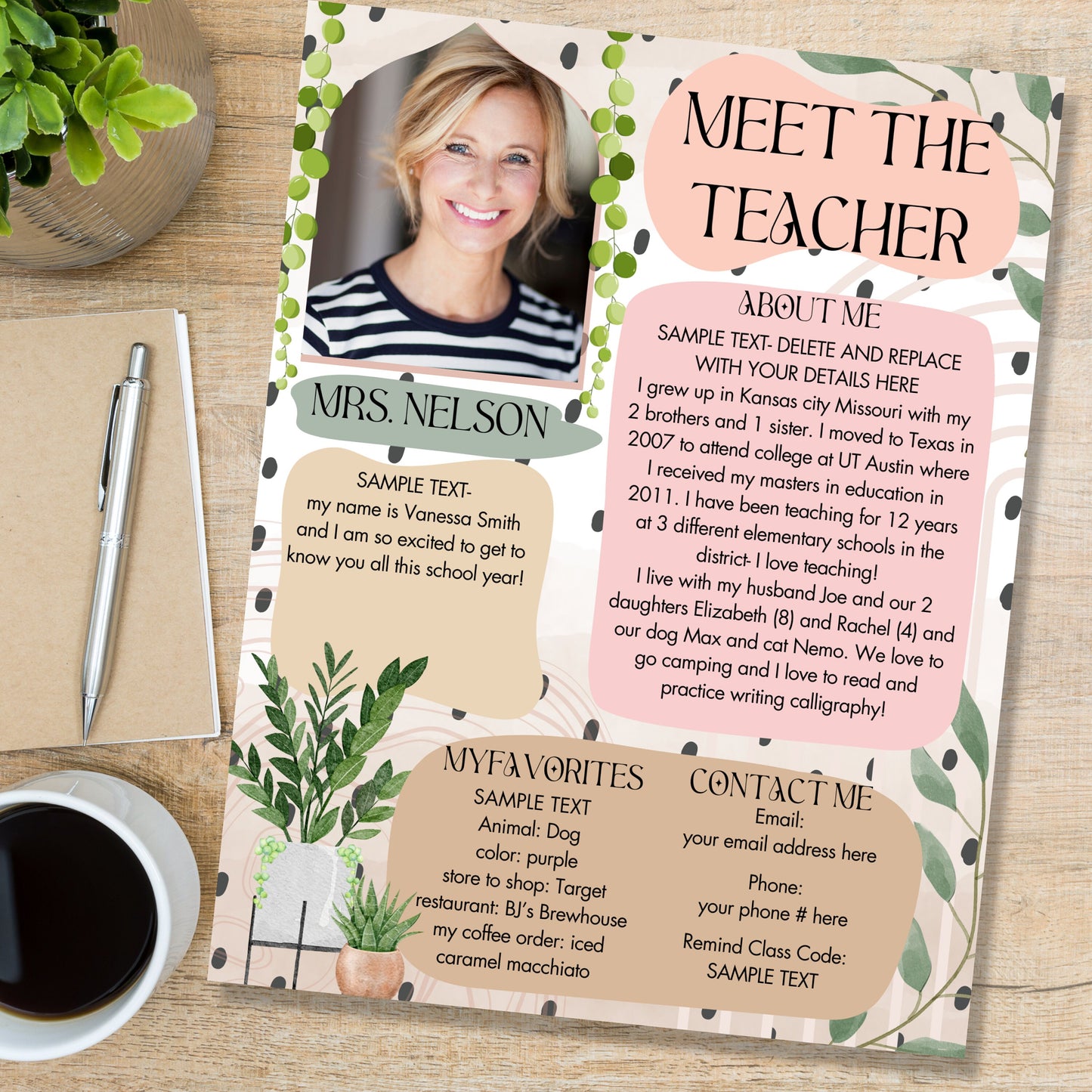 Meet the teacher Editable & Customizable Back to school flyer | teacher introduction flyer | Canva Template | boho zz plant string of hearts
