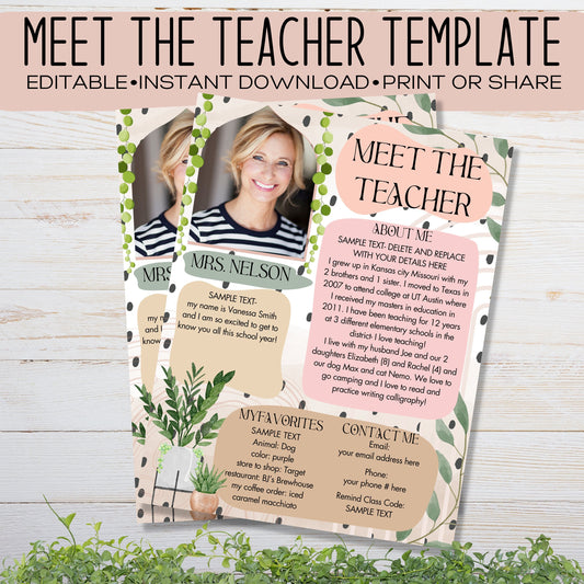 Meet the teacher Editable & Customizable Back to school flyer | teacher introduction flyer | Canva Template | boho zz plant string of hearts