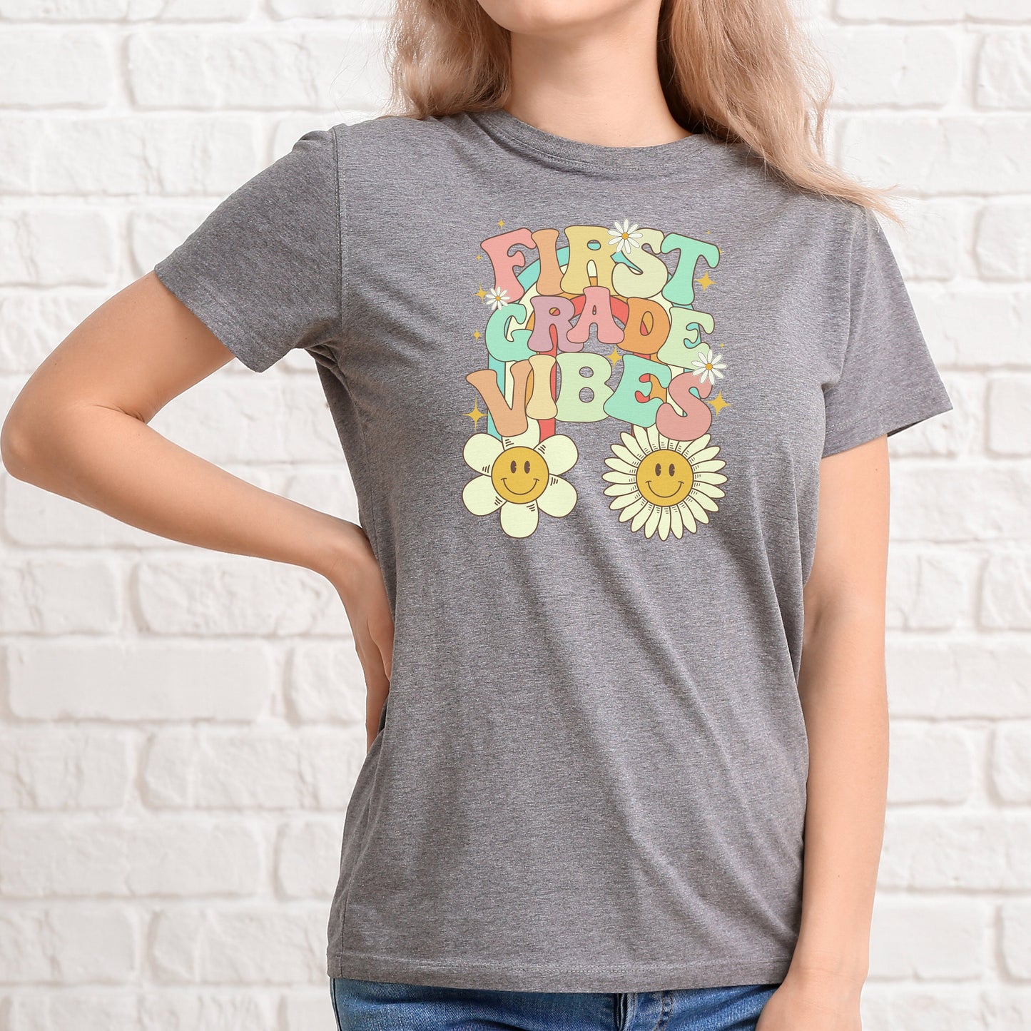 First Grade Vibes Retro Font Digital PNG File Back to school retro rainbow smiley sunshine instant digital download for teacher kids shirts