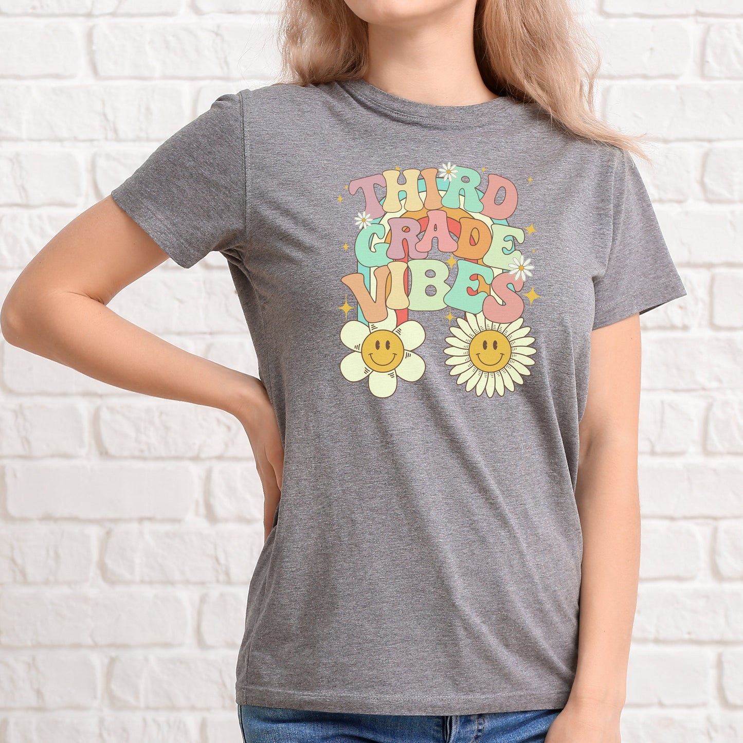 Third Grade Vibes Retro Font Digital PNG File Back to school retro rainbow smiley sunshine instant digital download for teacher kids shirts