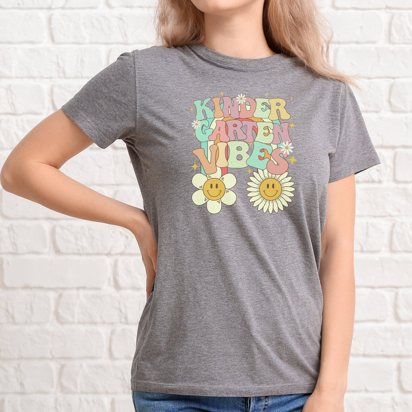 Kindergarten Vibes Retro Font Digital PNG File Back to school retro rainbow smiley sunshine instant digital download for teacher kids shirts