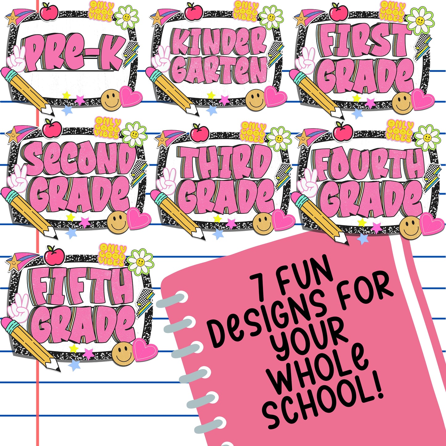 Back To School Grade Levels PNG Digital Bundle Composition Notebook Style preK Kindergarten 1st grade 2nd grade 3rd grade 4th grade teachers