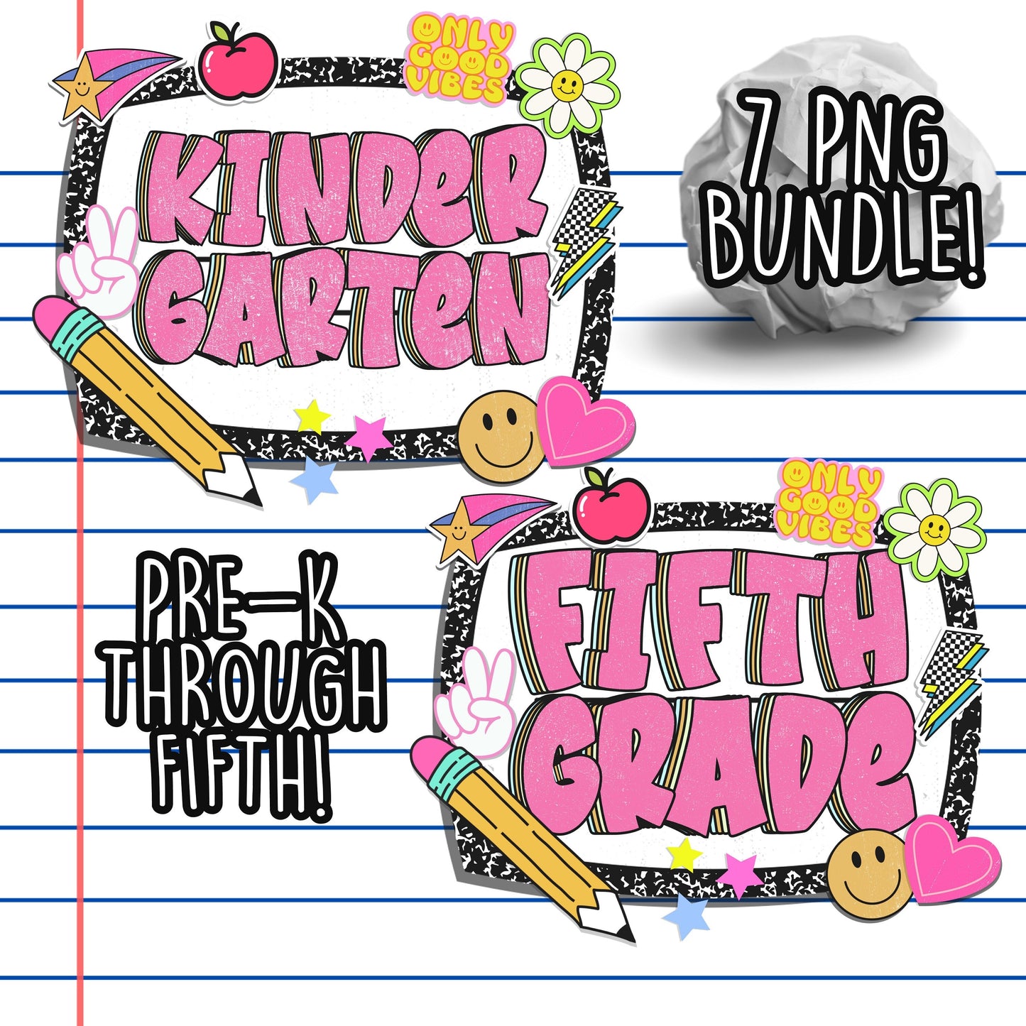 Back To School Grade Levels PNG Digital Bundle Composition Notebook Style preK Kindergarten 1st grade 2nd grade 3rd grade 4th grade teachers