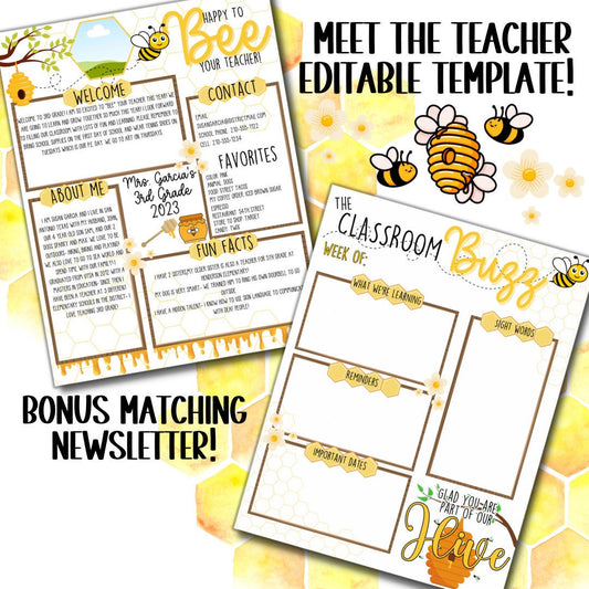 Editable Honey Bee Theme Meet the Teacher Form and Class Newsletter - Teacher Template Set | Back to School flyer | teacher introduction