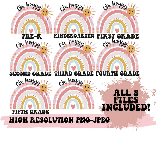 Back to school 8 PNG bundle oh hey grade level boho rainbow smiley sunshine instant digital download PNG files for teacher kids shirts