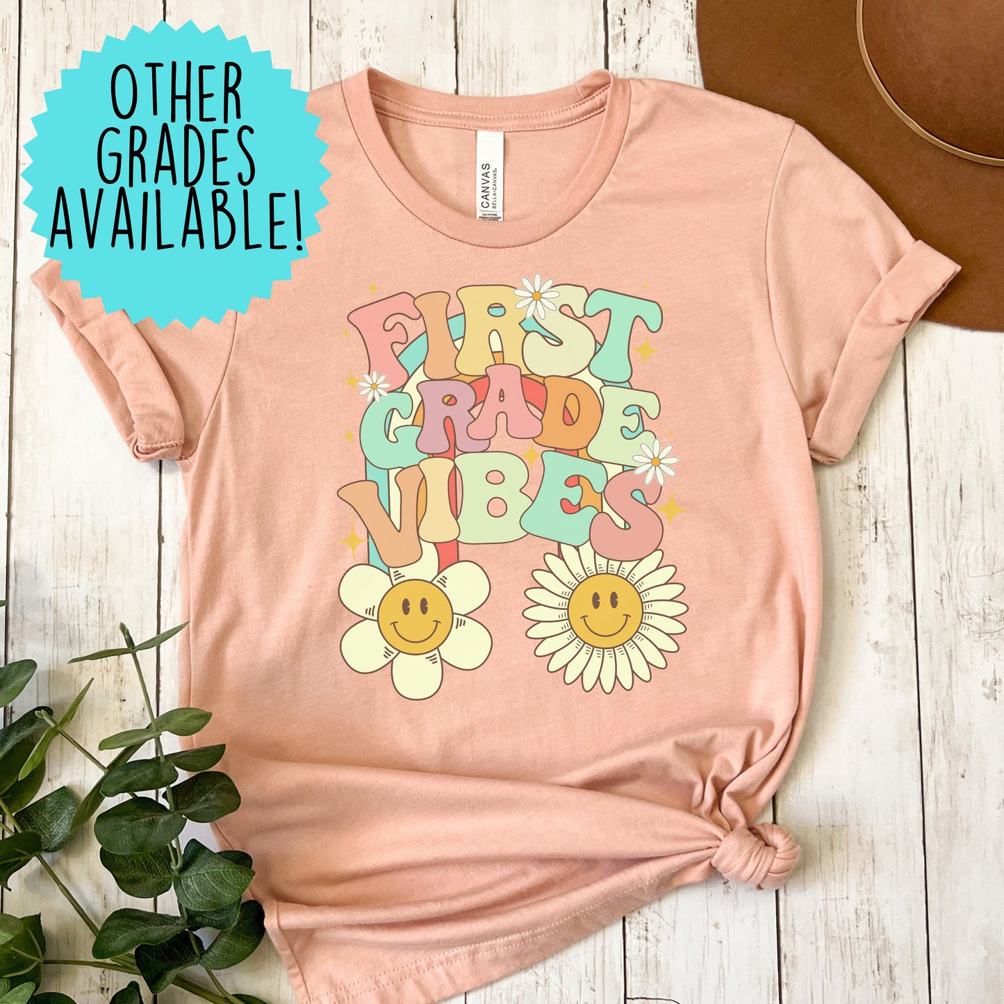 First Grade Vibes Retro Font Digital PNG File Back to school retro rainbow smiley sunshine instant digital download for teacher kids shirts