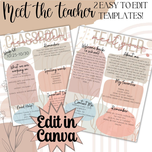 Meet the teacher Customizable Back to school flyer | school open house | teacher introduction flyer | Canva Template | boho neutrals