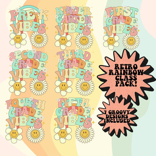 Grade Level Retro Vibes PNG bundle Retro Font Digital PNG File Back to school rainbow smiley sunshine digital download, teacher kids shirt