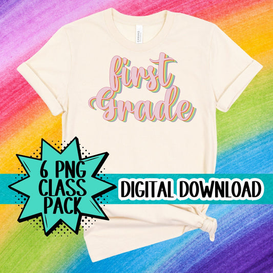 Back To School 6 PNG digital design Bundle Kindergarten 1st Grade 2nd grade Retro Rainbow Echo Text Design | Gift for Teacher
