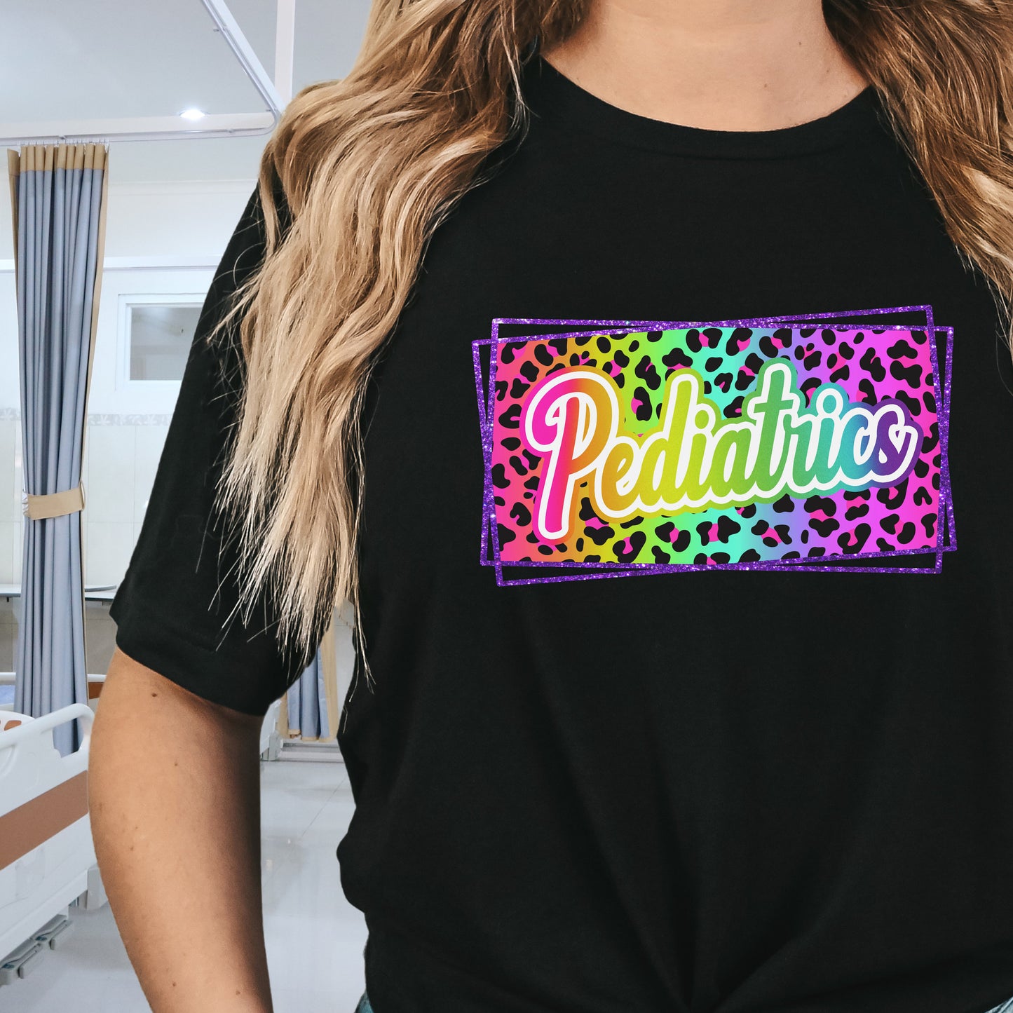 Lisa Frank Inspired Pediatrics T-Shirt | Rainbow Leopard Design with Shimmer Text | Perfect for Nurses & Doctors!