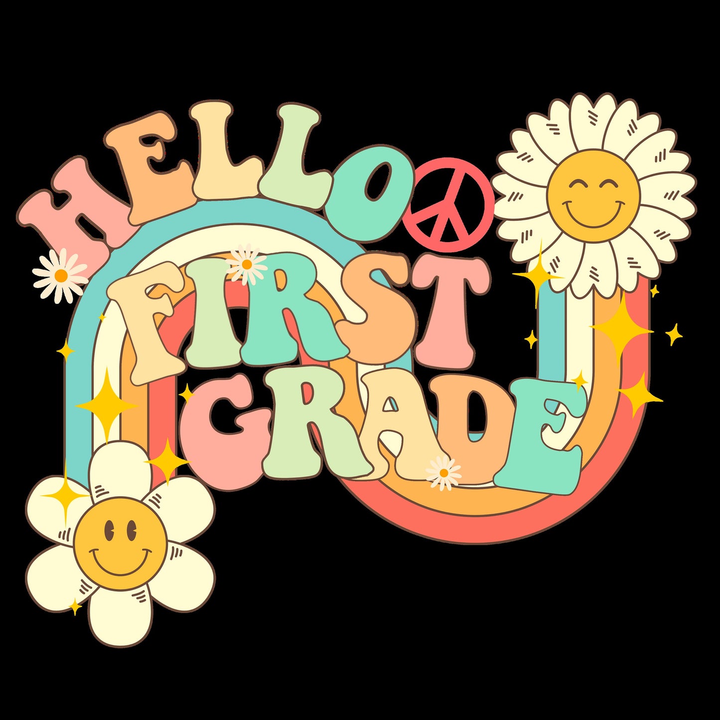 Hello first grade Retro Font Digital PNG File Back to school retro rainbow smiley sunshine instant digital download for teacher kids shirts