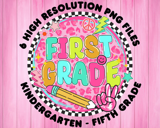 Grade Level PNG bundle Retro Font pink leopard | Back to school sublimation digital download | kindergarten teacher first grade second grade