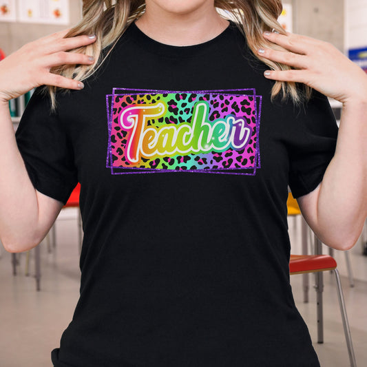 Lisa Frank inspired Teacher neon rainbow leopard print T-shirt teachers back to school kindergarten 1st grade 2nd grade 3rd grade 4th grade