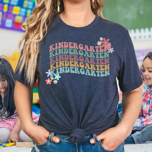 Kindergarten retro wavy text T-shirt, math teacher, kindergarten teachers, elementary teachers