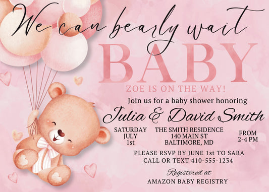 We can bearly wait girl baby shower invitation