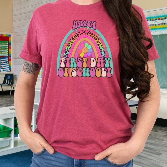 Happy first day of school retro rainbow smiley flower T-shirt, math teacher, kindergarten teachers, elementary teachers
