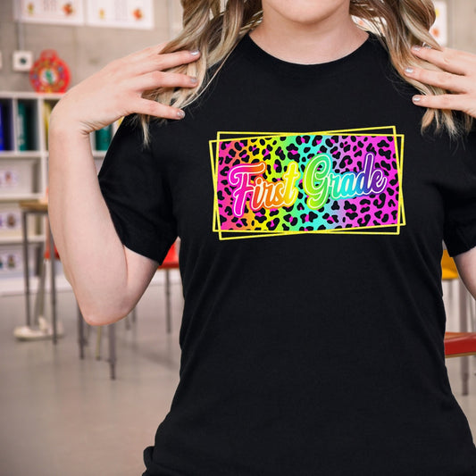 Lisa Frank inspired neon rainbow leopard print first grade T-shirt, 2nd grade, 3rd grade, 4th grade, 5th grade teacher, elementary teachers
