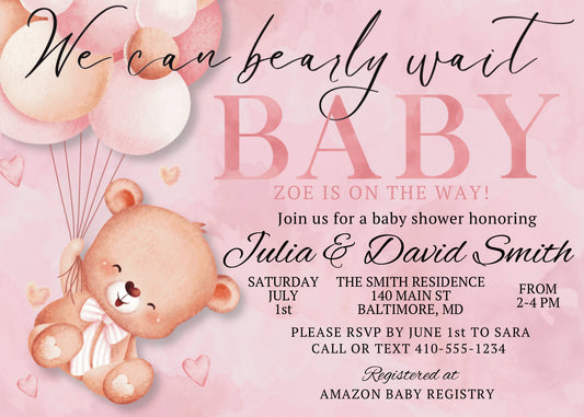 We can bearly wait bear with pink balloons baby shower invitation template