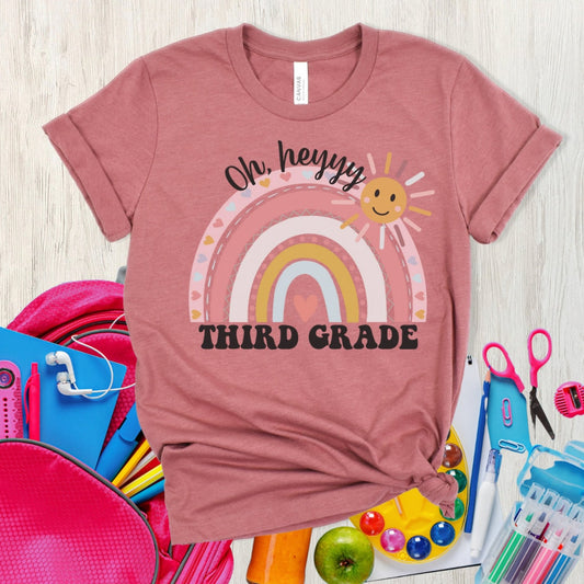 Oh hey third grade teacher T-shirt, boho rainbow, smiley sunshine, kindergarten teachers, elementary teachers, special education