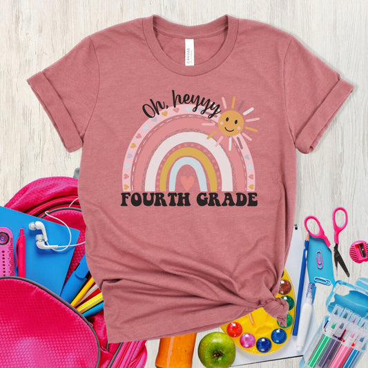 Oh hey fourth grade teacher T-shirt, boho rainbow, smiley sunshine, kindergarten teachers, elementary teachers, special education