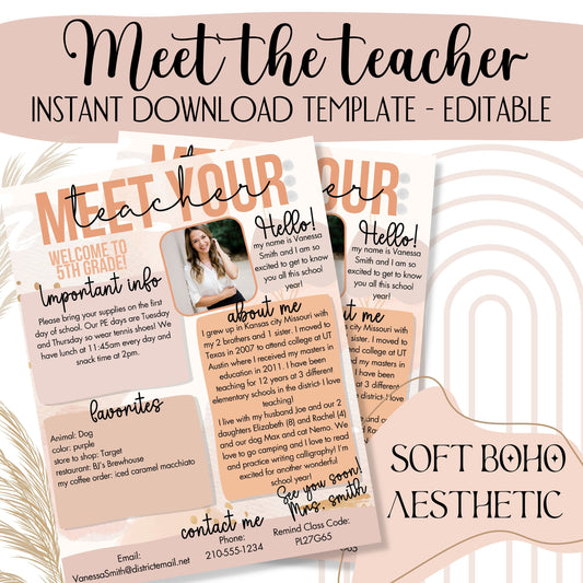 Meet the teacher Editable & Customizable Back to school flyer | school open house | teacher introduction flyer | Canva Template | boho