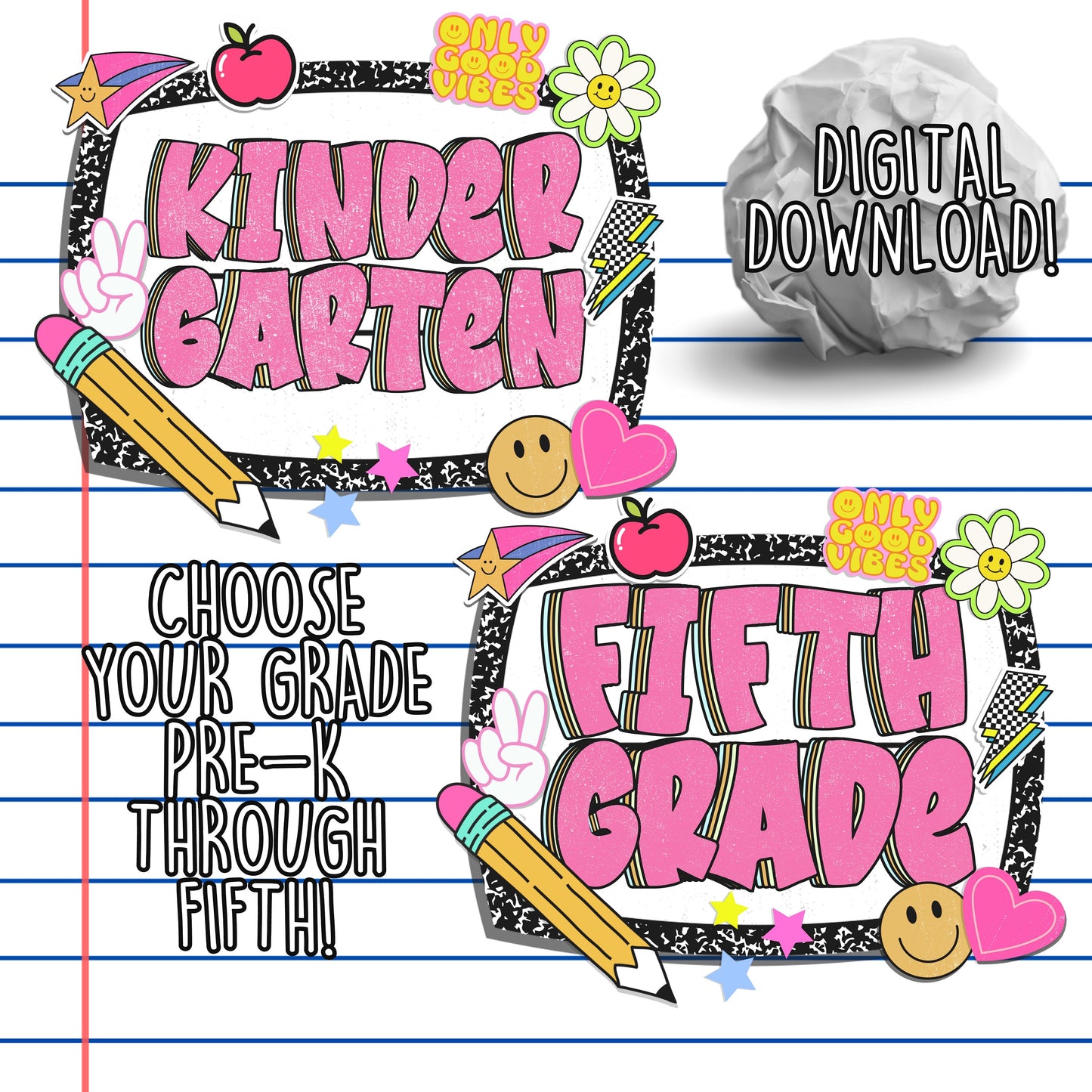 Back To School Grade Level PNG Digital image Composition Notebook Style preK Kindergarten 1st grade 2nd grade 3rd grade 4th grade teachers