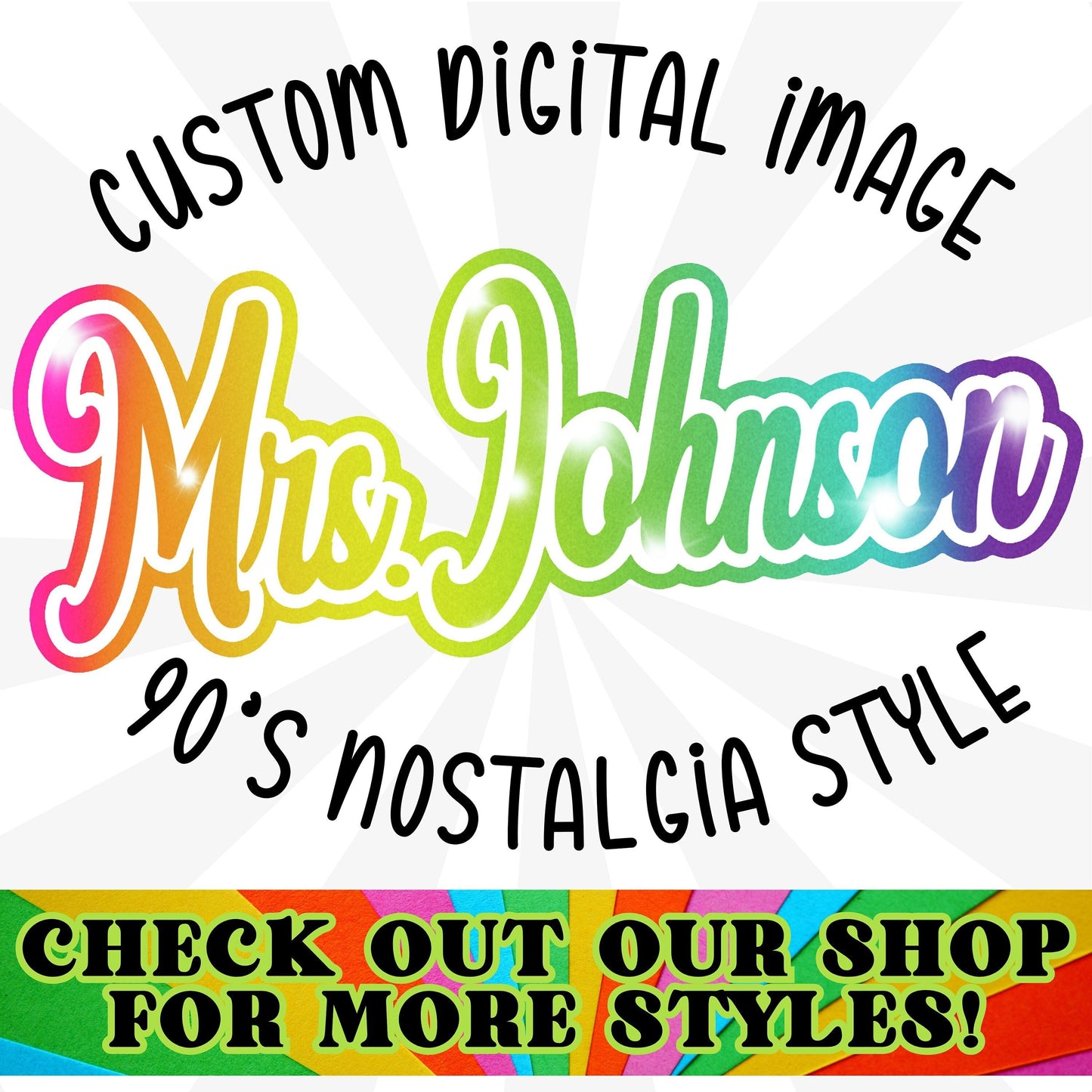 Custom Lisa Frank inspired Teacher Name PNG Design, sublimation, stickers, class flyers, classroom decoration, kindergarten teachers