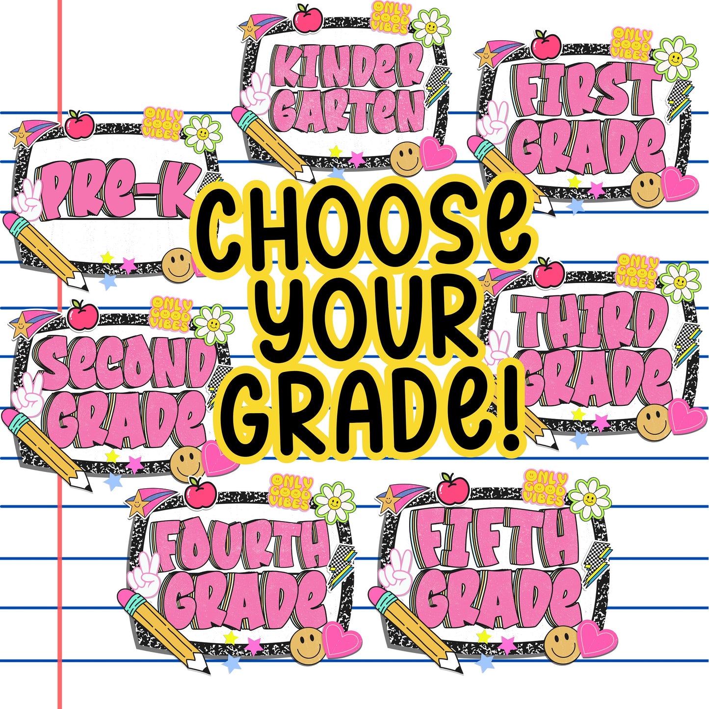 Back To School Grade Level PNG Digital image Composition Notebook Style preK Kindergarten 1st grade 2nd grade 3rd grade 4th grade teachers