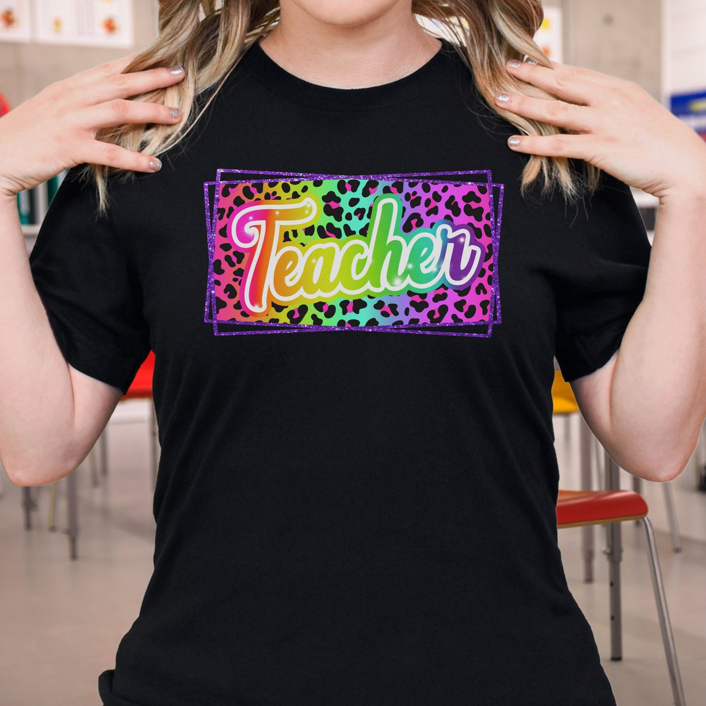 Lisa Frank inspired Teacher neon rainbow leopard print T-shirt teachers back to school kindergarten 1st grade 2nd grade 3rd grade 4th grade